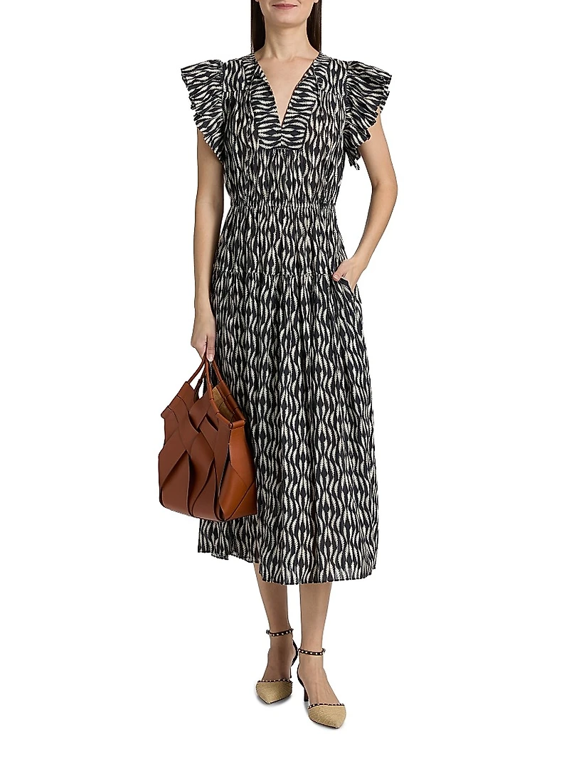 Kairi Printed Flutter-Sleeve Midi-Dress