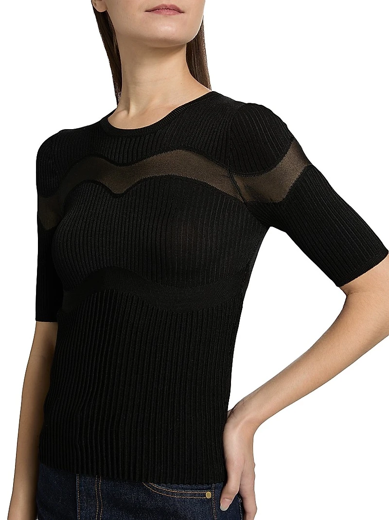 Ayla Ribbed Sheer-Panel Top