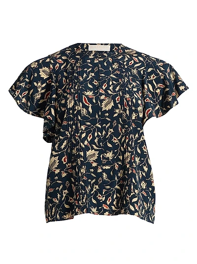Adoni Floral Silk Pintuck Top