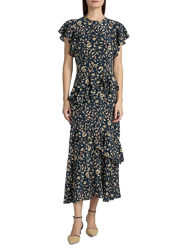 Amaia Printed Ruffled Midi-Dress
