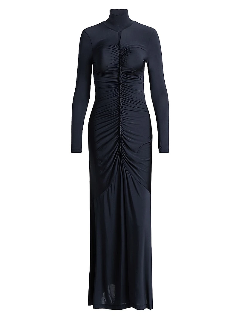 Ida Turtleneck Ruched Satin Maxi Dress