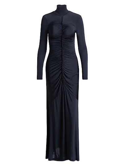 Ida Turtleneck Ruched Satin Maxi Dress