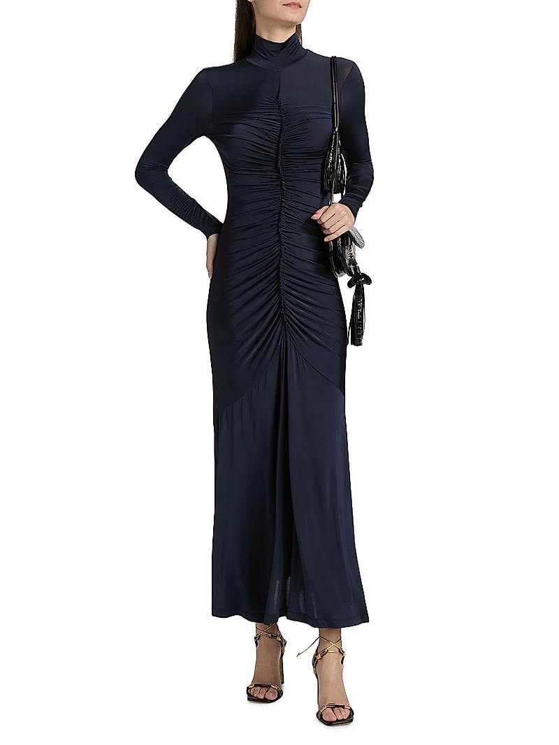 Ida Turtleneck Ruched Satin Maxi Dress
