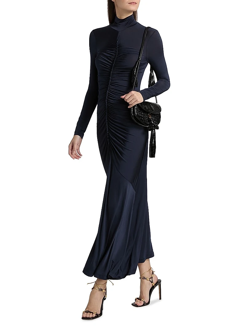 Ida Turtleneck Ruched Satin Maxi Dress