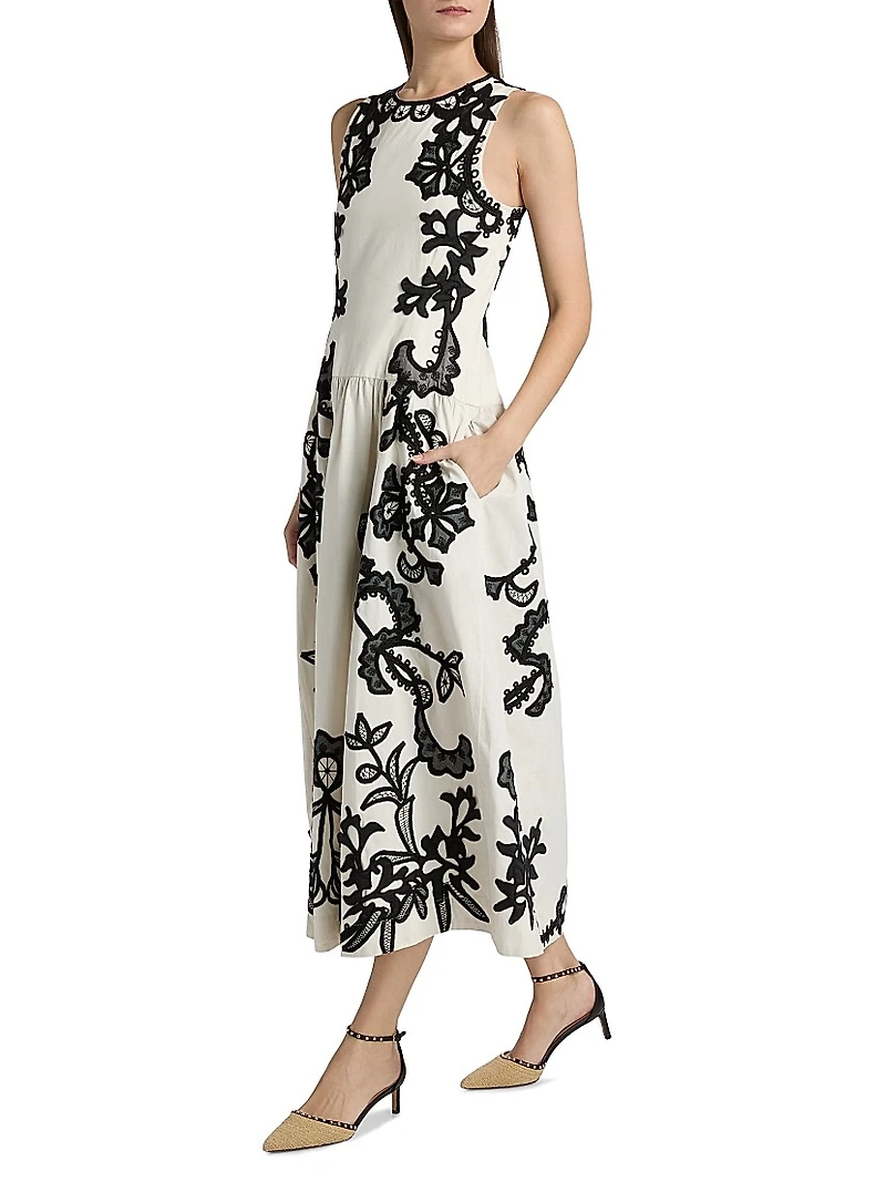 Sonali Appliqué-Embroidered Cotton Midi-Dress