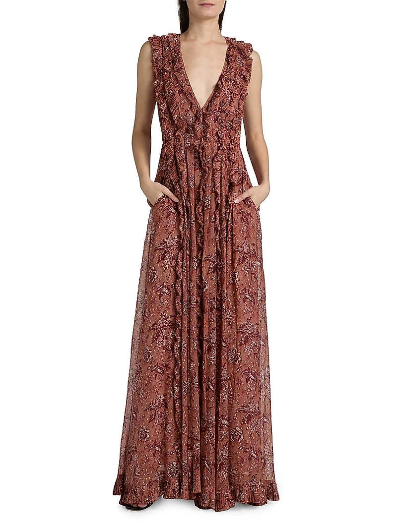 Aida Printed Silk-Blend Ruffled Gown