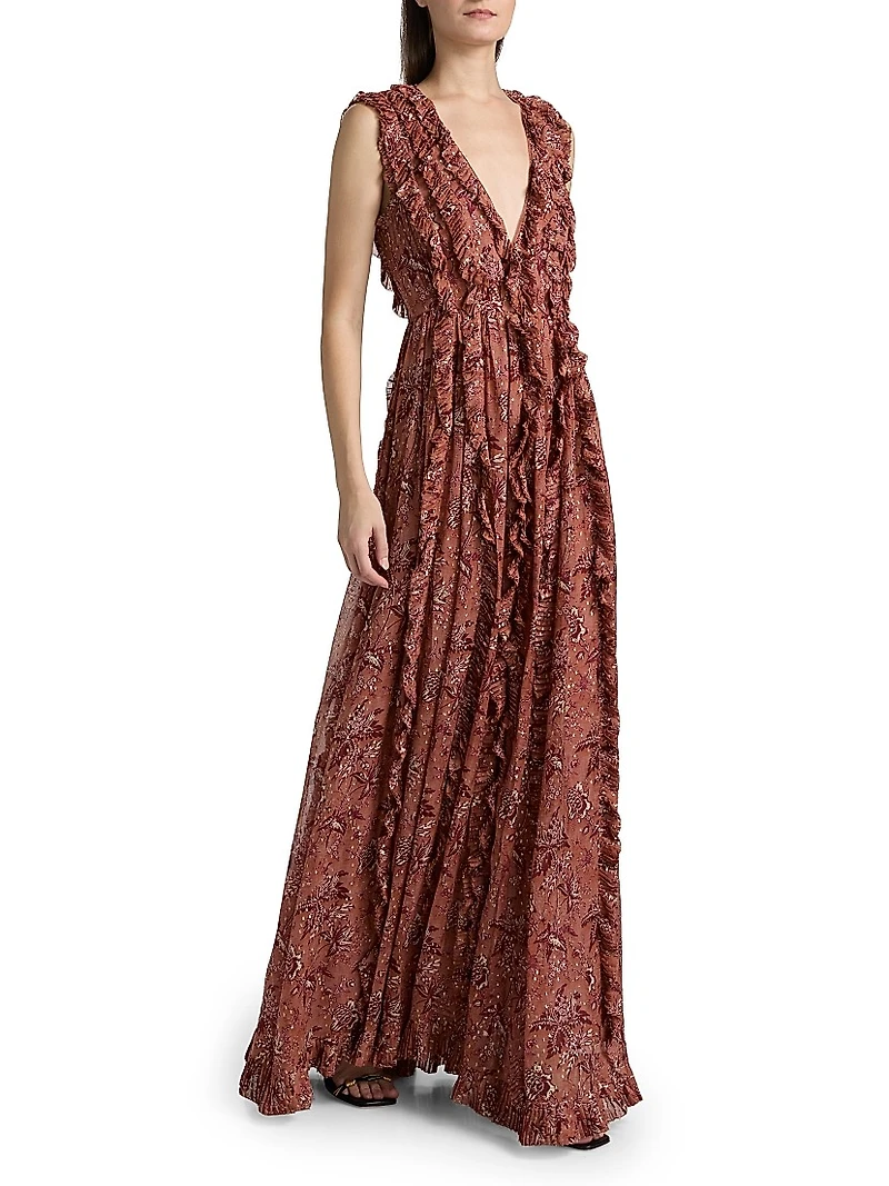 Aida Printed Silk-Blend Ruffled Gown