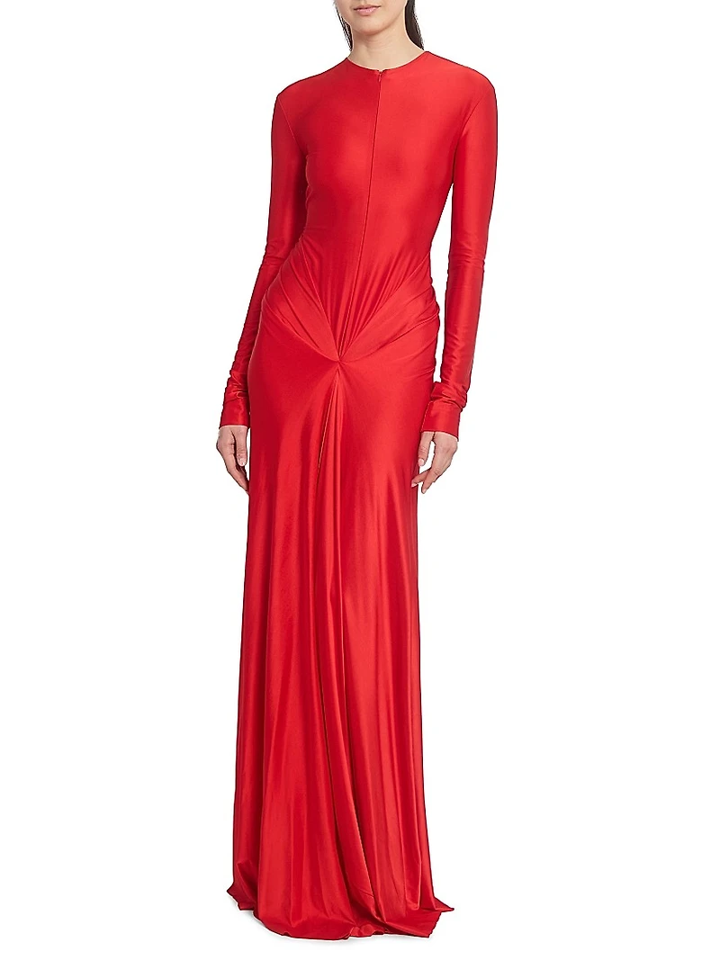 Zip-Front Draped Long-Sleeve Gown