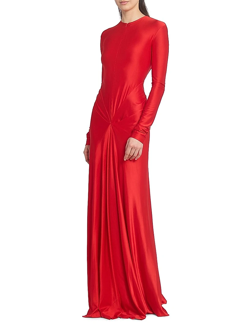 Zip-Front Draped Long-Sleeve Gown