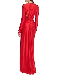 Zip-Front Draped Long-Sleeve Gown
