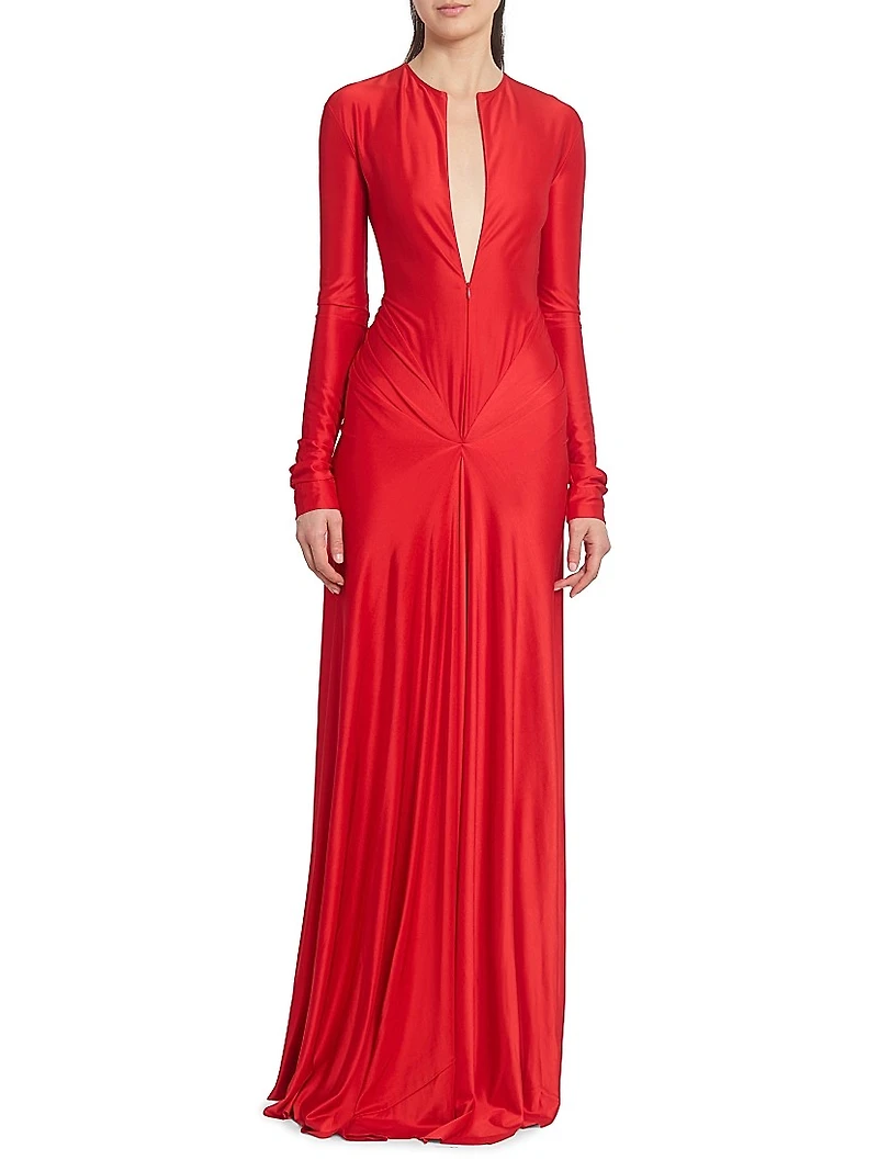 Zip-Front Draped Long-Sleeve Gown