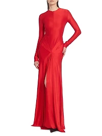 Zip-Front Draped Long-Sleeve Gown