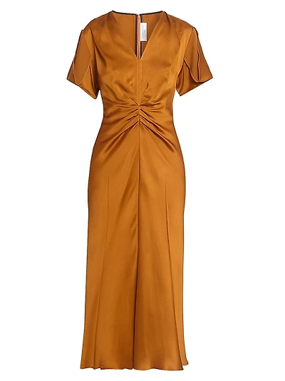 Gathered V-Neck Midi-Dress