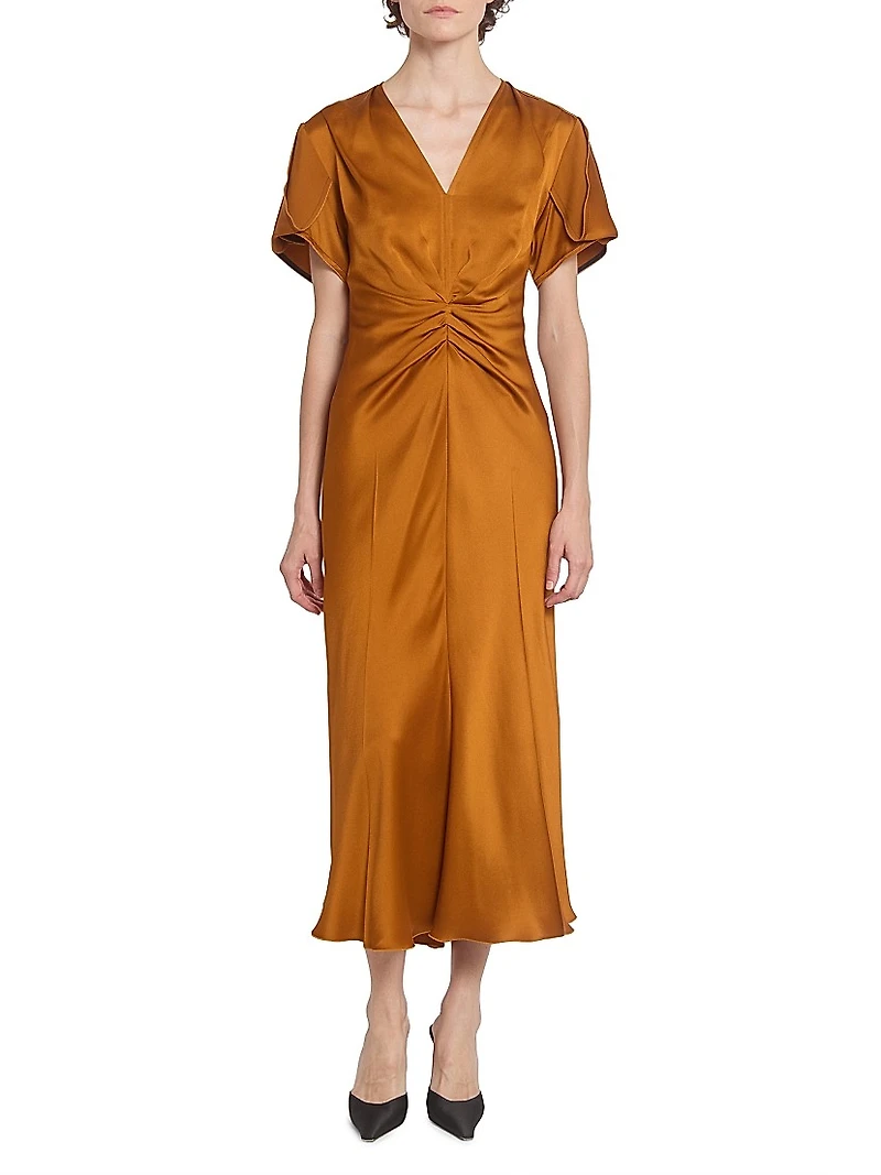 Gathered V-Neck Midi-Dress