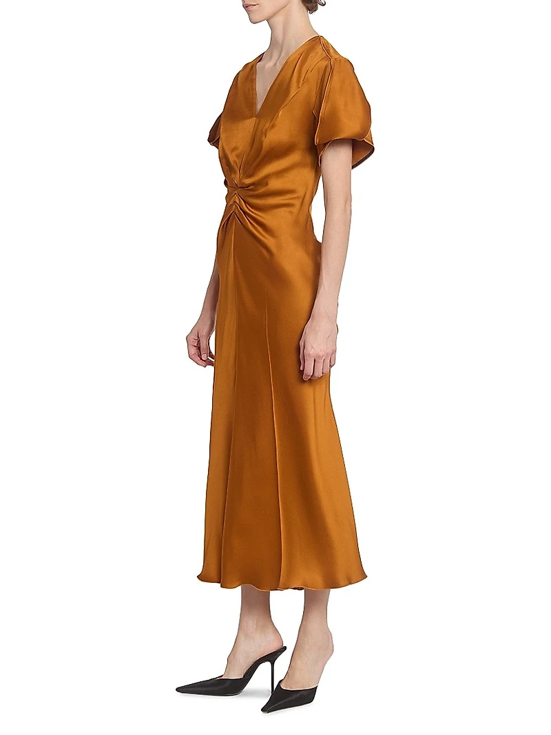 Gathered V-Neck Midi-Dress