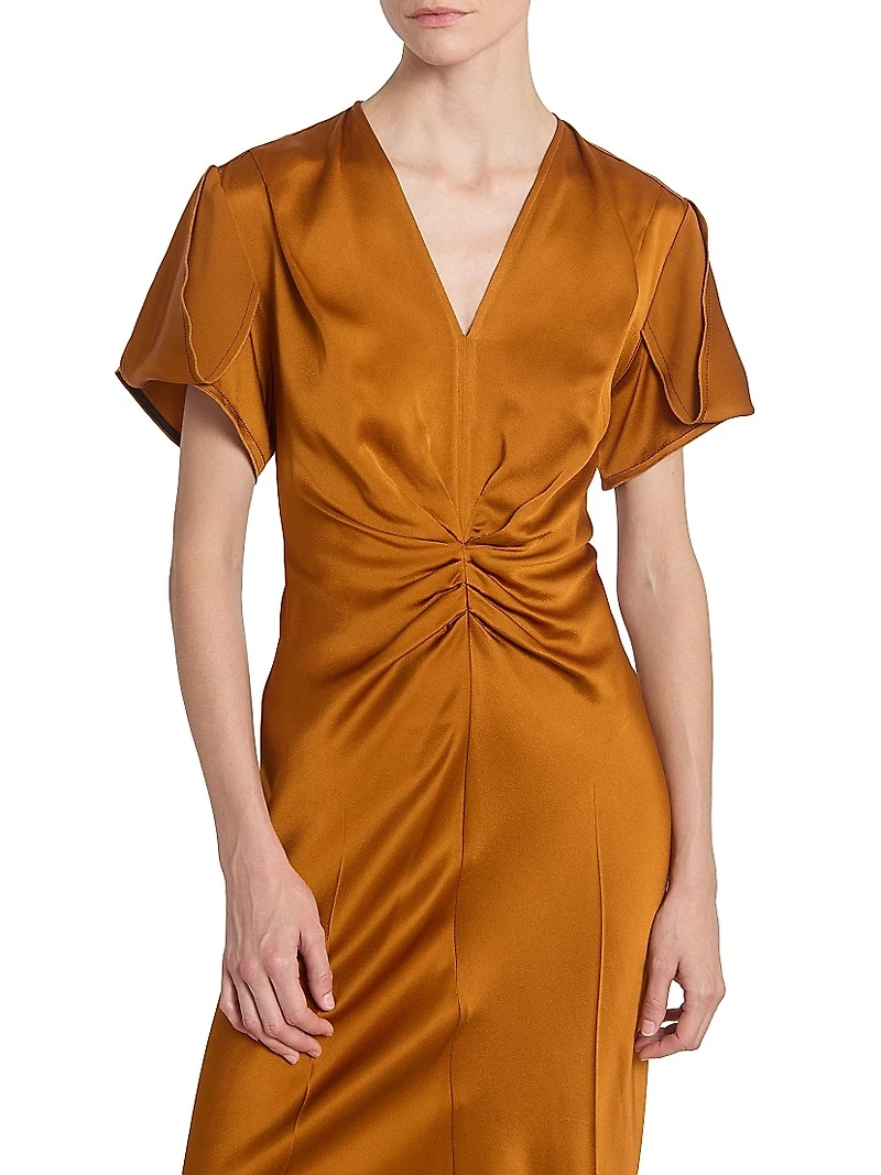 Gathered V-Neck Midi-Dress