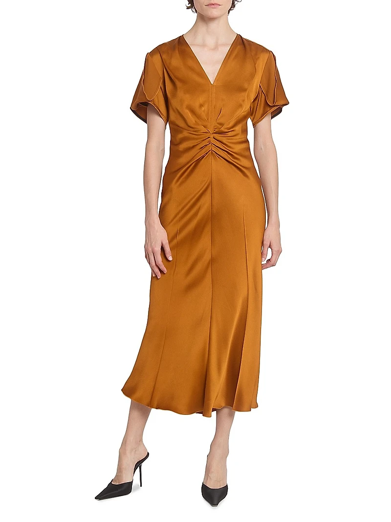 Gathered V-Neck Midi-Dress