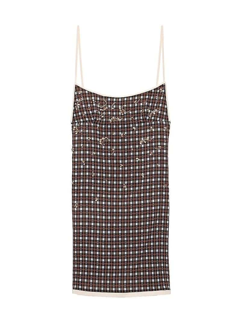 Embellished Checked Georgette Mini-Dress