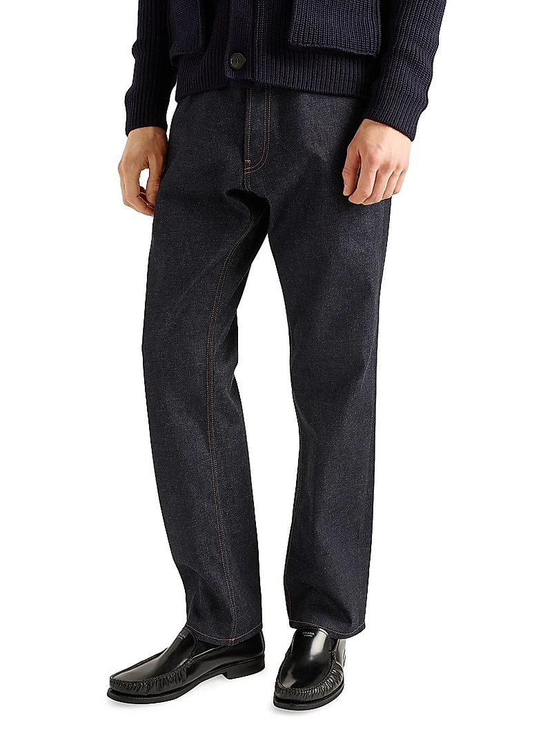 Raw Denim Jeans with Leather Strap