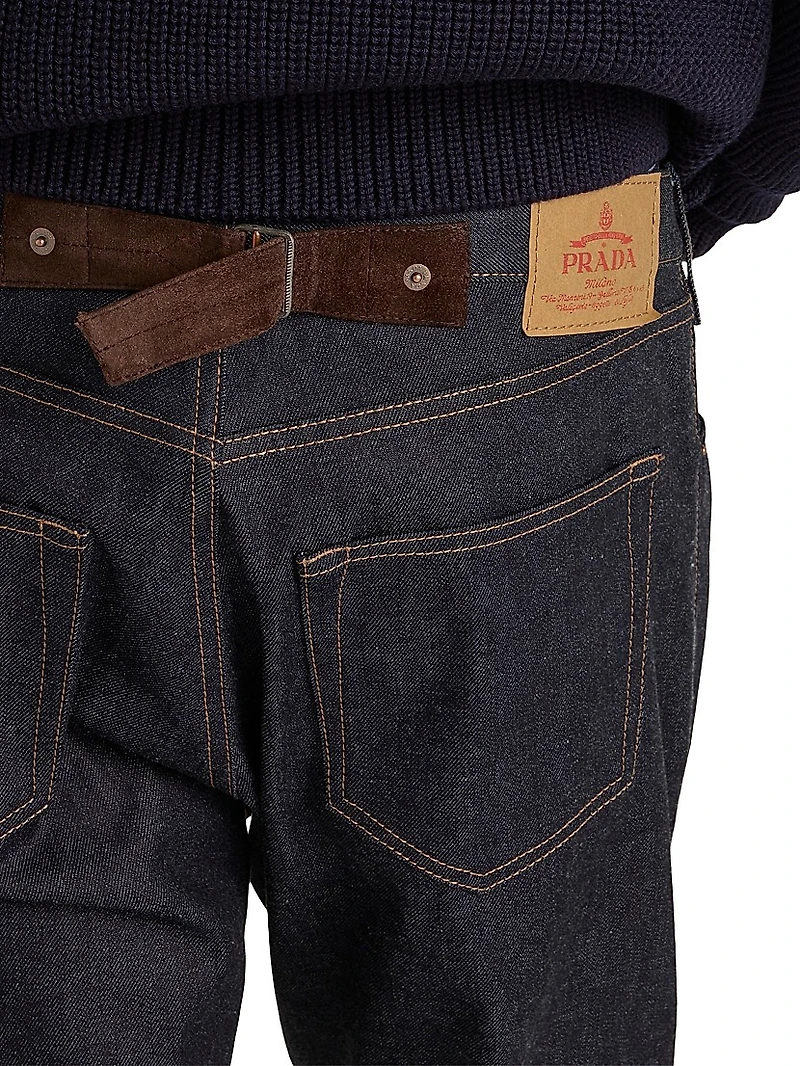 Raw Denim Jeans with Leather Strap