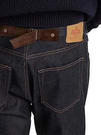 Raw Denim Jeans with Leather Strap