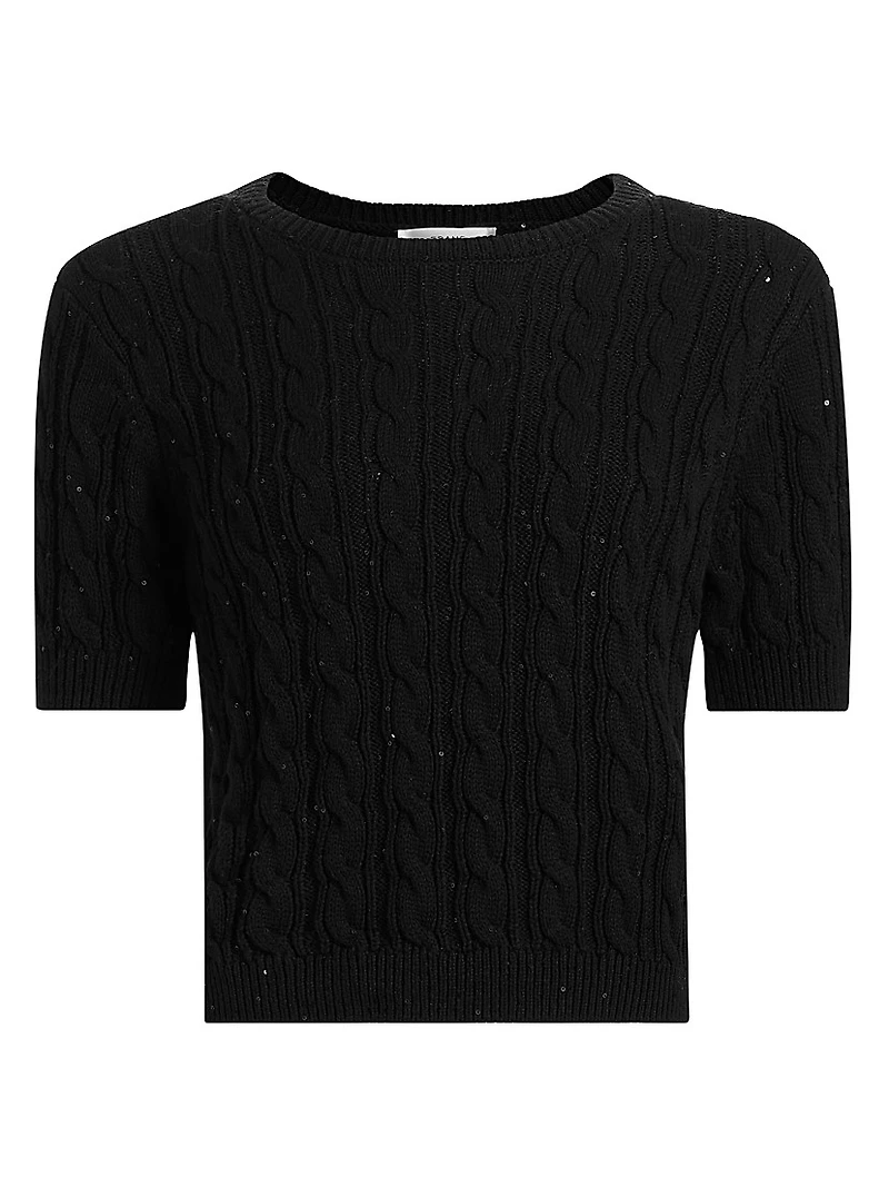 Sequin-Embellished Cable-Knit Short-Sleeve Sweater