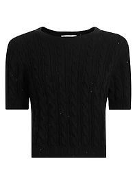 Sequin-Embellished Cable-Knit Short-Sleeve Sweater