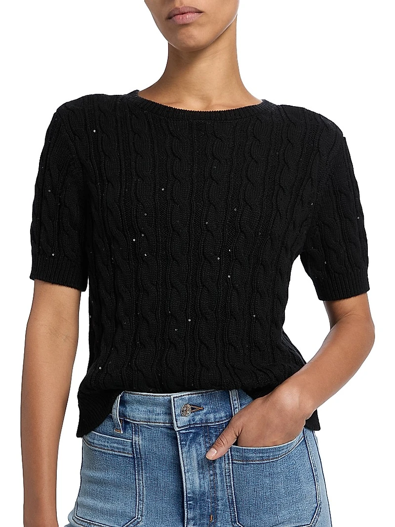 Sequin-Embellished Cable-Knit Short-Sleeve Sweater