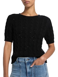 Sequin-Embellished Cable-Knit Short-Sleeve Sweater