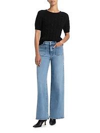 Sequin-Embellished Cable-Knit Short-Sleeve Sweater