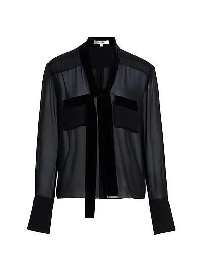 Modern Velvet-Trim Sheer Silk Blouse
