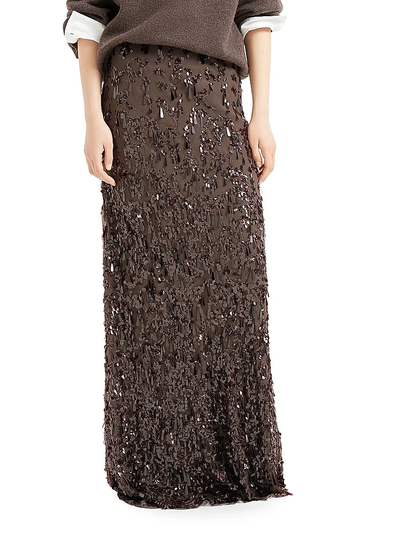 Crispy Silk Long Mermaid Skirt with Swing Drops Embroidery