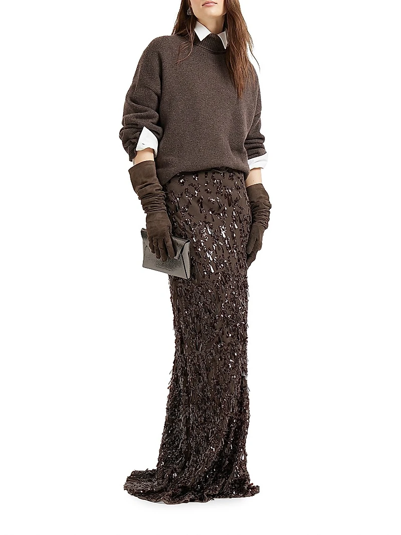 Crispy Silk Long Mermaid Skirt with Swing Drops Embroidery