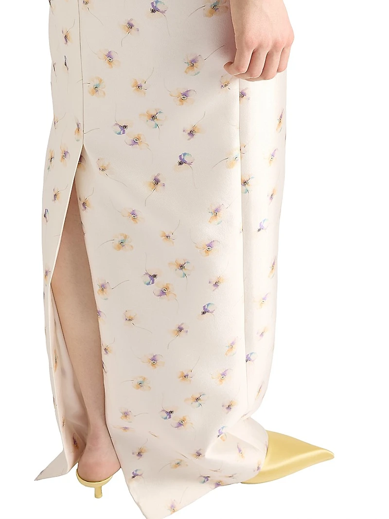 Long Floral Print Silk and Wool Dress