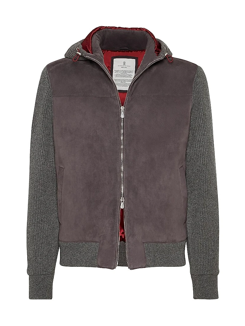 Suede and Cashmere Knit Hooded Bomber Jacket