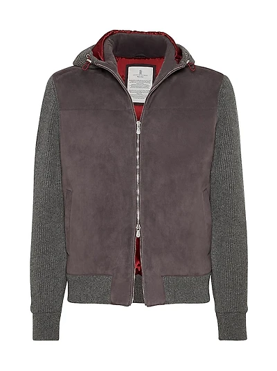 Suede and Cashmere Knit Hooded Bomber Jacket