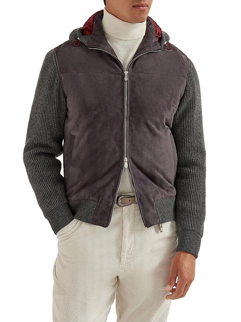 Suede and Cashmere Knit Hooded Bomber Jacket
