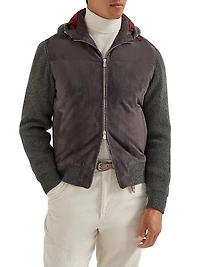Suede and Cashmere Knit Hooded Bomber Jacket