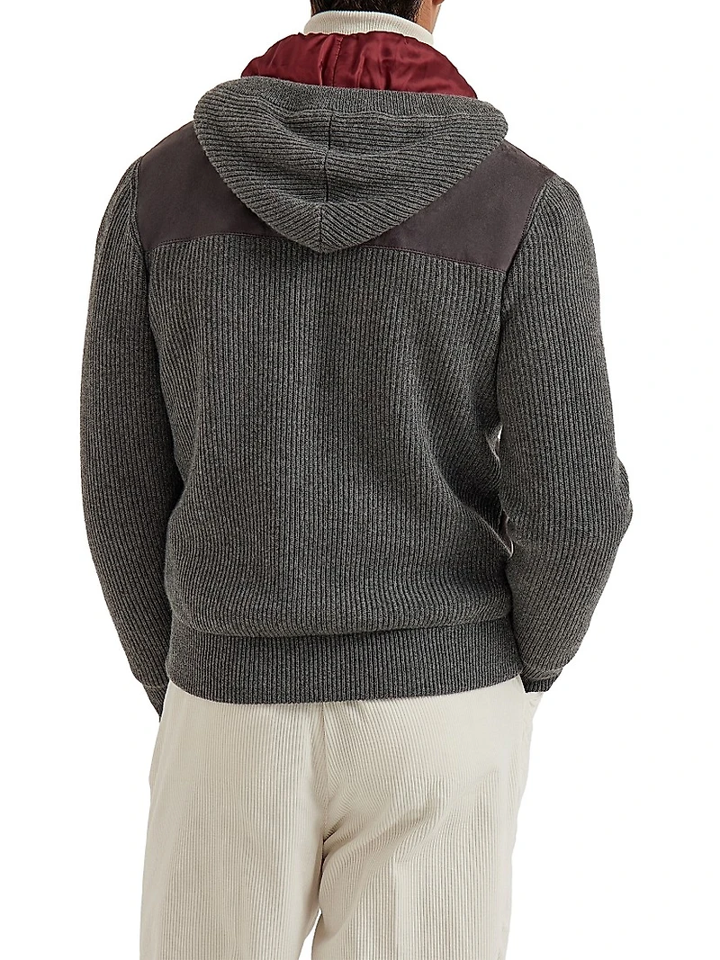 Suede and Cashmere Knit Hooded Bomber Jacket