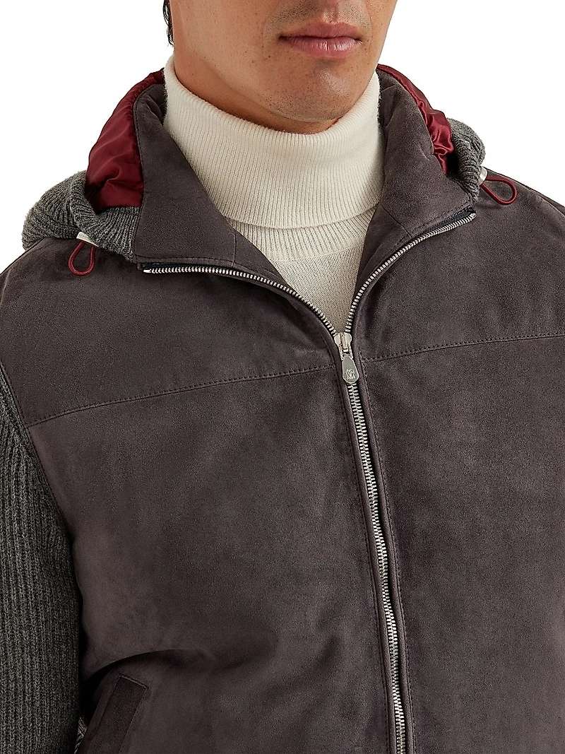 Suede and Cashmere Knit Hooded Bomber Jacket