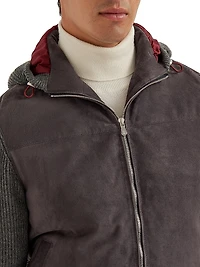 Suede and Cashmere Knit Hooded Bomber Jacket