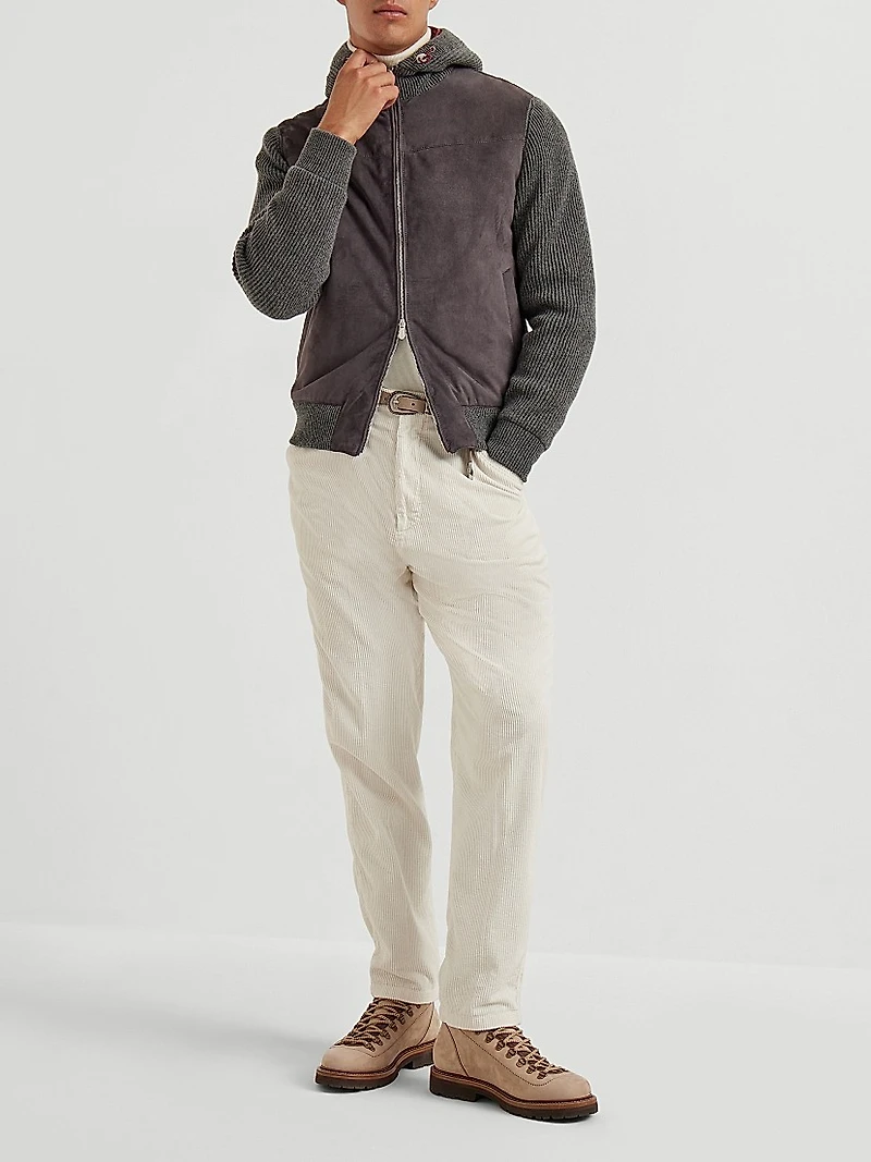 Suede and Cashmere Knit Hooded Bomber Jacket