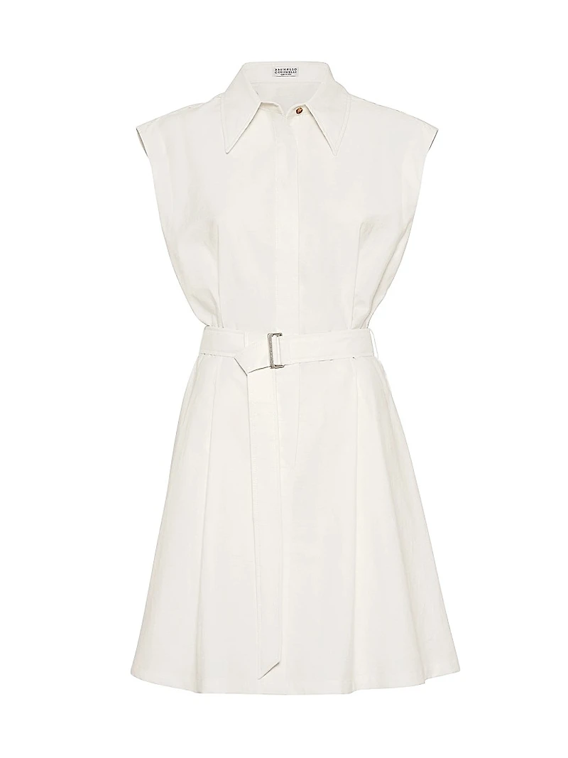 Techno Cotton Texture Twill Belted Mini Shirt Dress with Monili