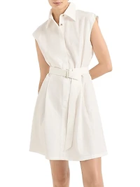 Techno Cotton Texture Twill Belted Mini Shirt Dress with Monili