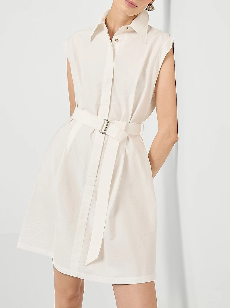 Techno Cotton Texture Twill Belted Mini Shirt Dress with Monili