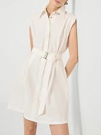 Techno Cotton Texture Twill Belted Mini Shirt Dress with Monili