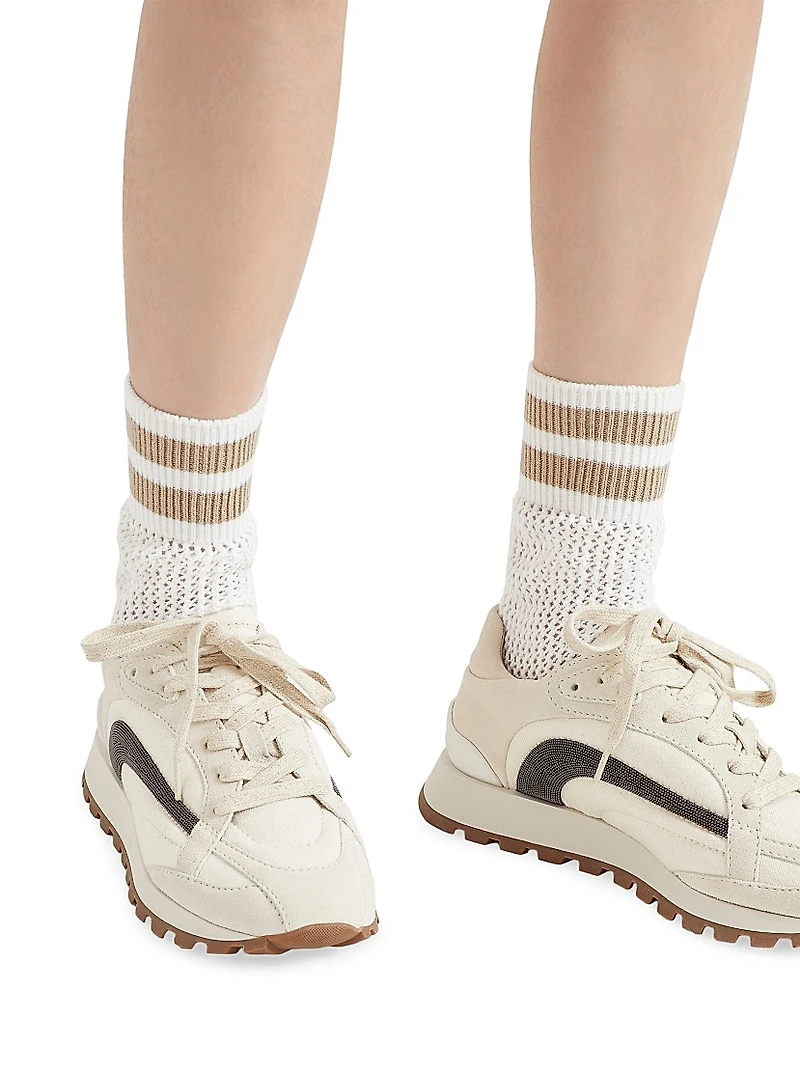 Cotton Waffle Stitch Knit Socks with Stripes