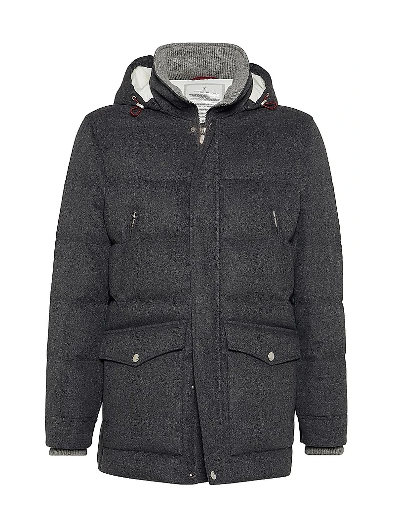 Bonded Wool Flannel Down Jacket with Detachable Hood