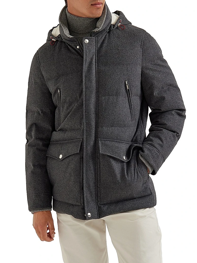Bonded Wool Flannel Down Jacket with Detachable Hood