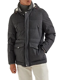 Bonded Wool Flannel Down Jacket with Detachable Hood